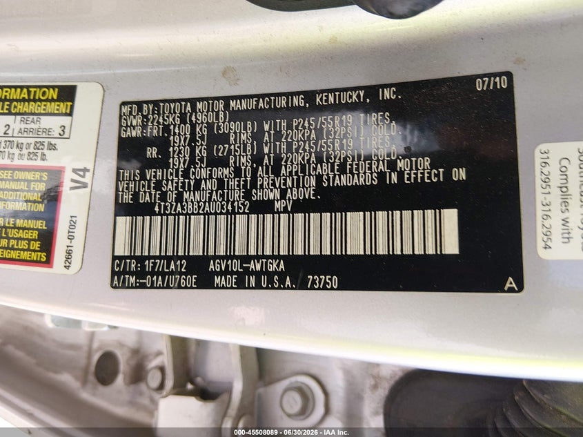 2010 Toyota Venza VIN 4T3ZA3BB2AU034152 IAAI salvage auction — REAR END, Salvage (Colorado), sold $1,550 on 2026-07-31 (photo 8)