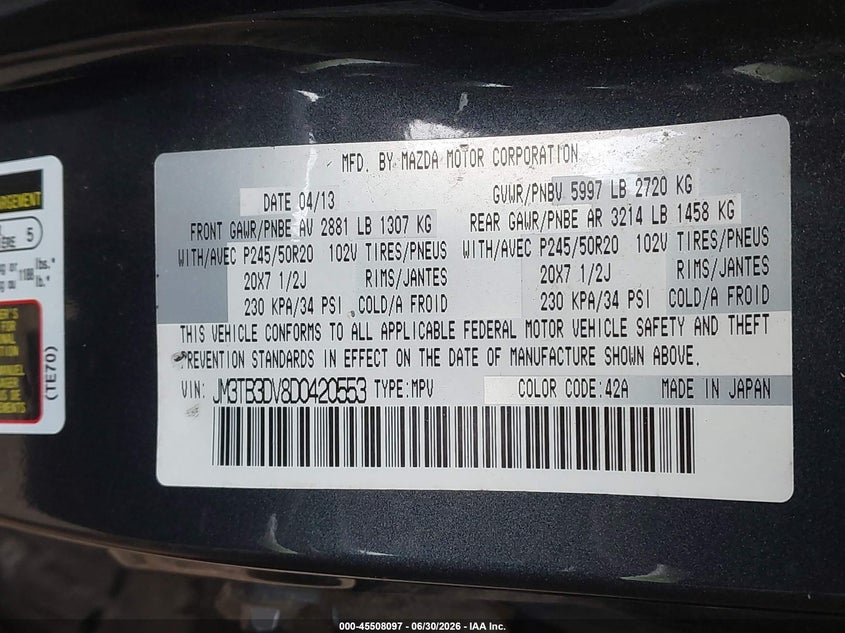 2013 Mazda Cx-9 VIN JM3TB3DV8D0420553 IAAI salvage auction — LEFT REAR, Bill Of Sale (Washington), sold $1,350 on 2026-07-22 (photo 9)