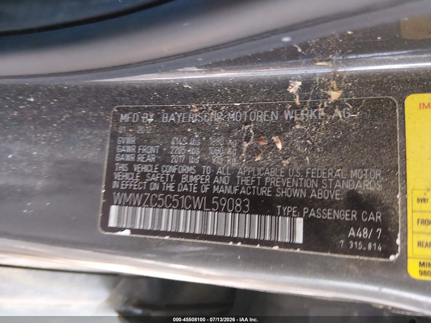 2012 Mini VIN WMWZC5C51CWL59083 IAAI salvage auction — NORMAL WEAR, Clear (Virginia), sold $300 on 2026-07-30 (photo 9)