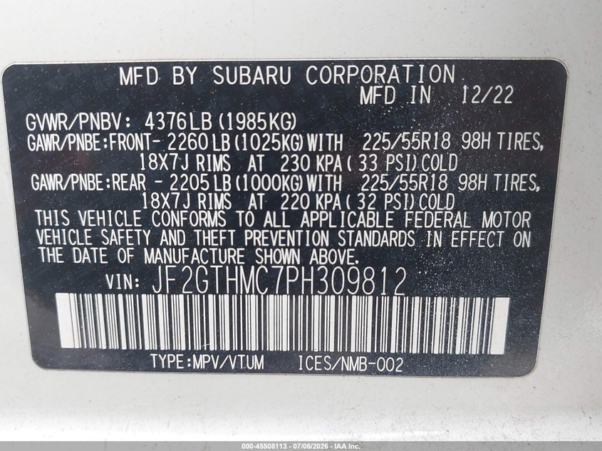 2023 Subaru Xv VIN JF2GTHMC7PH309812 IAAI salvage auction — FRONT END, Salvage (Idaho), sold $5,850 on 2026-07-17 (photo 9)
