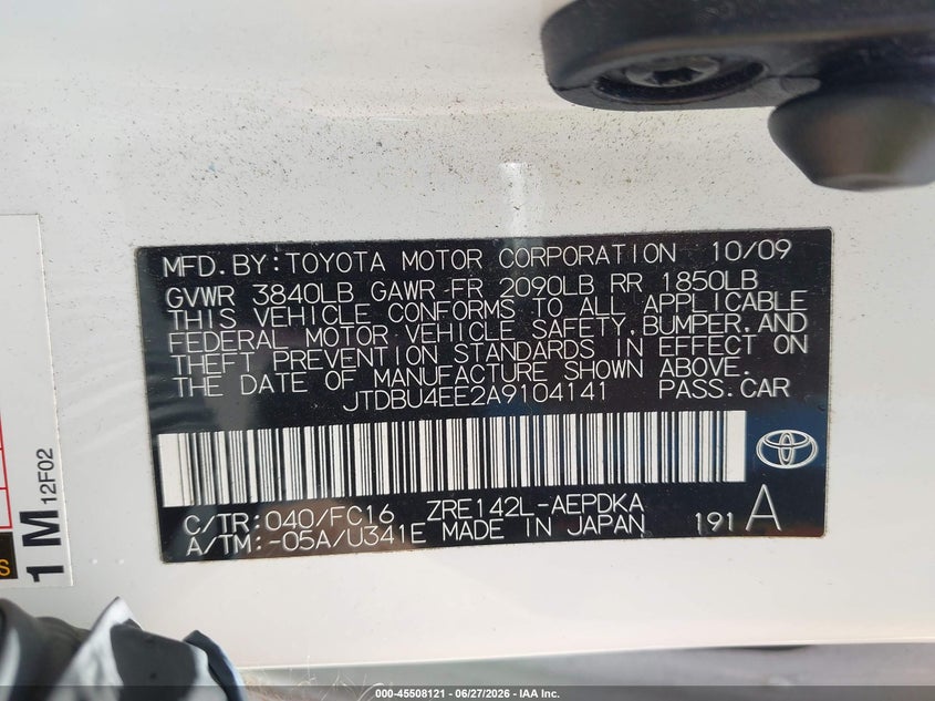 2010 Toyota Corolla VIN JTDBU4EE2A9104141 IAAI salvage auction — NORMAL WEAR, Clear (Washington), sold $1,600 on 2026-07-29 (photo 9)