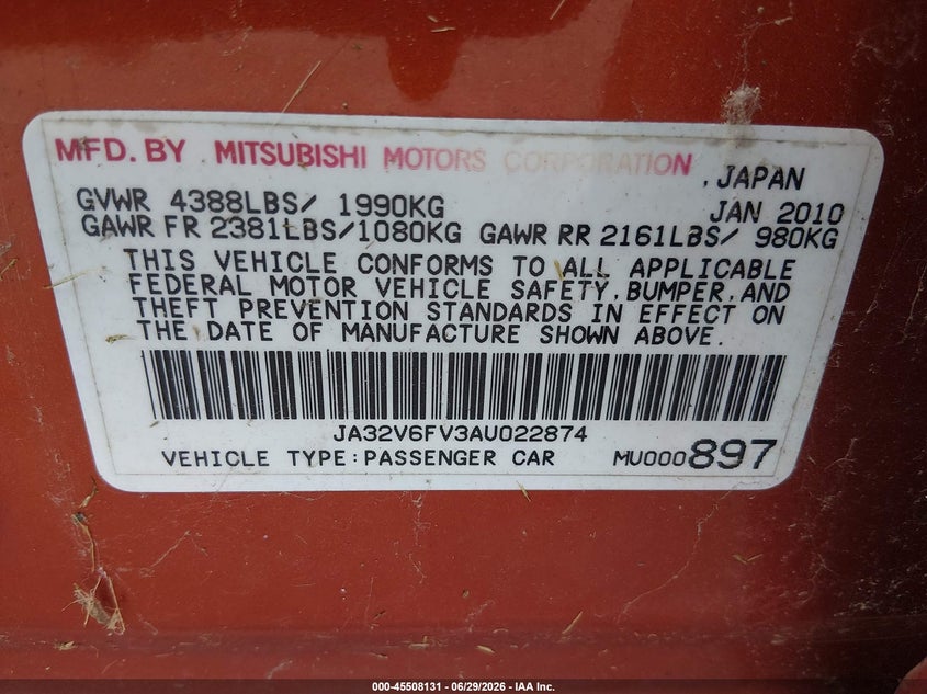 2010 Mitsubishi Lancer VIN JA32V6FV3AU022874 IAAI salvage auction — NORMAL WEAR, Original (Ohio), sold $900 on 2026-07-28 (photo 9)