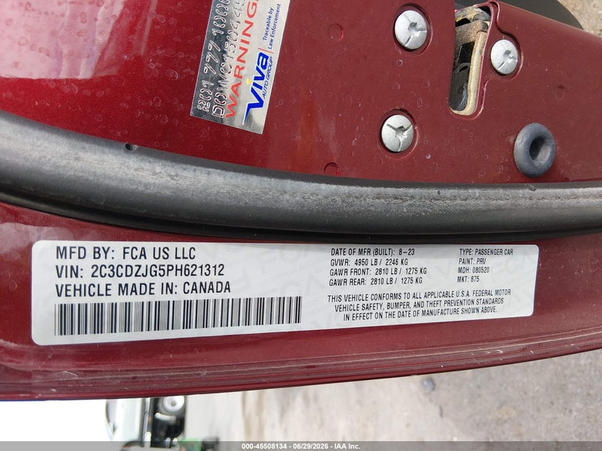 2023 Dodge Challenger VIN 2C3CDZJG5PH621312 IAAI salvage auction — LEFT SIDE, Salvage Title, sold $8,200 on 2026-08-27 (photo 9)