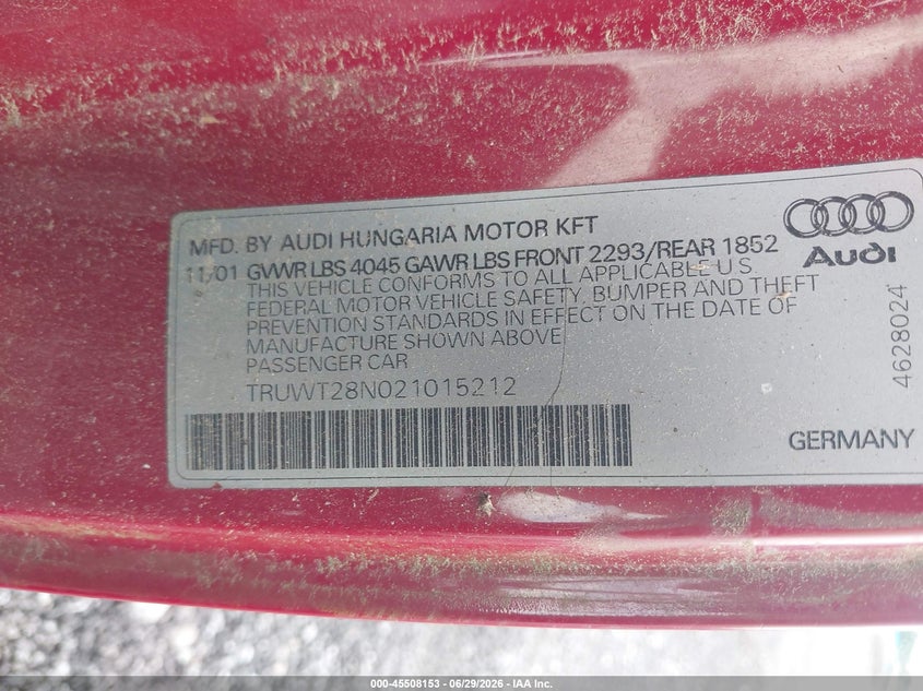 2002 Audi Tt VIN TRUWT28N021015212 IAAI salvage auction — NORMAL WEAR, Clear (South Carolina), sold $400 on 2026-07-28 (photo 9)