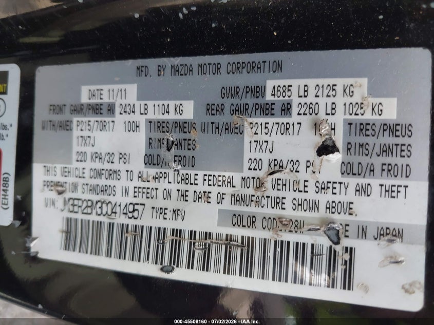 2012 Mazda Cx-7 VIN JM3ER2BM3C0414957 IAAI salvage auction — LEFT & RIGHT, Salvage (Oklahoma), sold $25 on 2026-07-28 (photo 9)