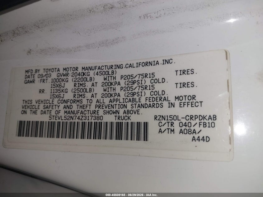 2004 Toyota Tacoma VIN 5TEVL52N74Z317380 IAAI salvage auction — REAR END, Salvage (Arizona), sold $2,650 on 2026-07-28 (photo 9)