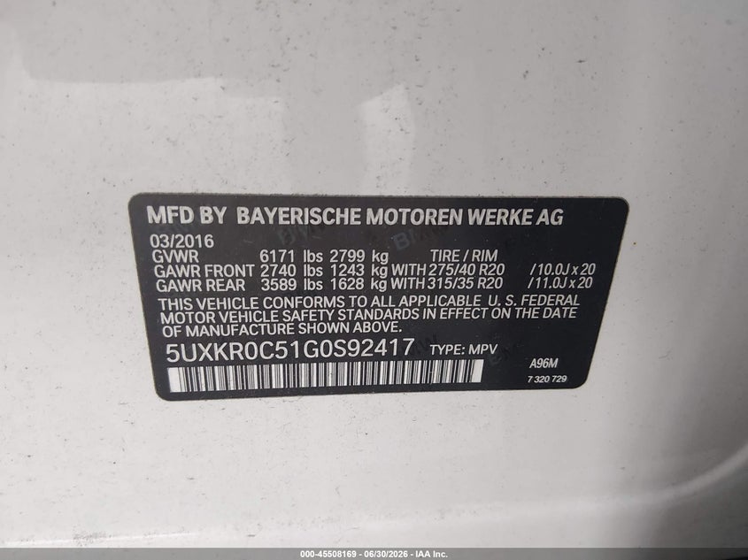 2016 BMW X5 VIN 5UXKR0C51G0S92417 IAAI salvage auction — FRONT END, Salvage (Alabama), sold $6,025 on 2026-07-27 (photo 9)