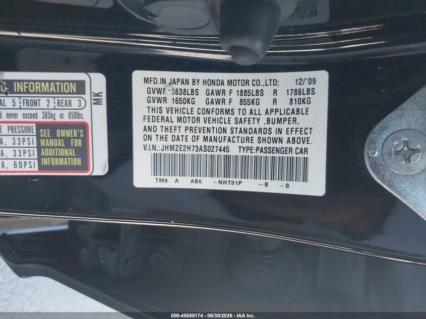 2010 Honda Insight VIN JHMZE2H73AS027445 IAAI salvage auction — SIDE, Salvage (California), sold $600 on 2026-07-20 (photo 9)