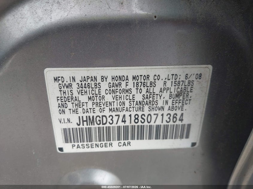 2008 Honda Fit VIN JHMGD37418S071364 IAAI salvage auction — LEFT FRONT, Original (Ohio), sold $125 on 2026-07-21 (photo 9)