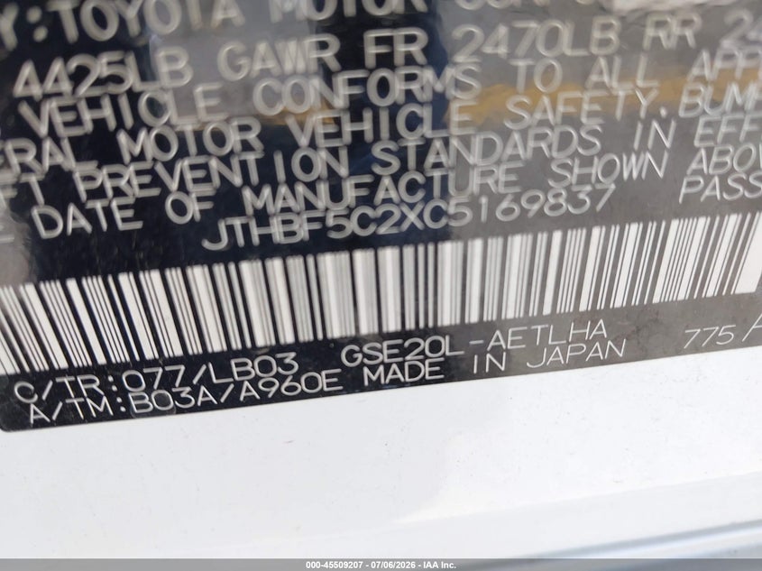 2012 Lexus Is VIN JTHBF5C2XC5169837 IAAI salvage auction — REAR END, Salvage (California), sold $575 on 2026-07-21 (photo 9)