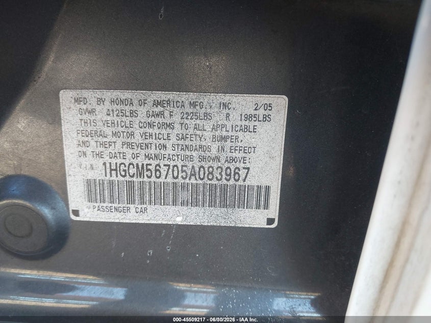 2005 Honda Accord VIN JHMCN36425C016571 IAAI salvage auction — NORMAL WEAR, Clear (Arizona), sold $25 on 2026-07-28 (photo 9)
