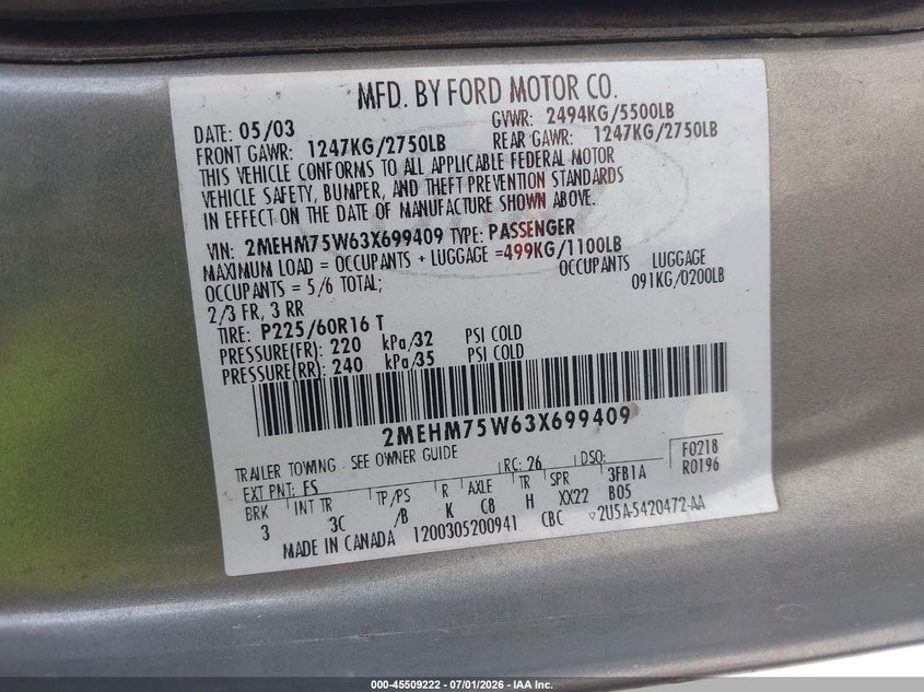 2003 Mercury Grand marquis VIN 2MEHM75W63X699409 IAAI salvage auction — NORMAL WEAR, Repossession Paperwork (Georgia), sold $300 on 2026-07-31 (photo 9)