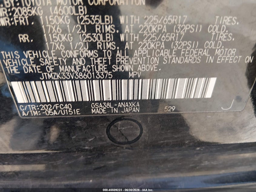 2008 Toyota Rav4 VIN JTMZK33V386013375 IAAI salvage auction — NORMAL WEAR, Original (Texas), sold $1,200 on 2026-07-13 (photo 9)