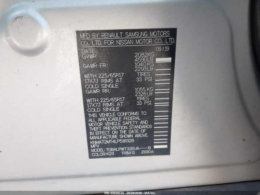 2020 Nissan Rogue VIN KNMAT2MT4LP518328 IAAI salvage auction — ALL OVER, Enterprise Vehicles Clear Only (Texas), sold $975 on 2026-07-14 (photo 9)