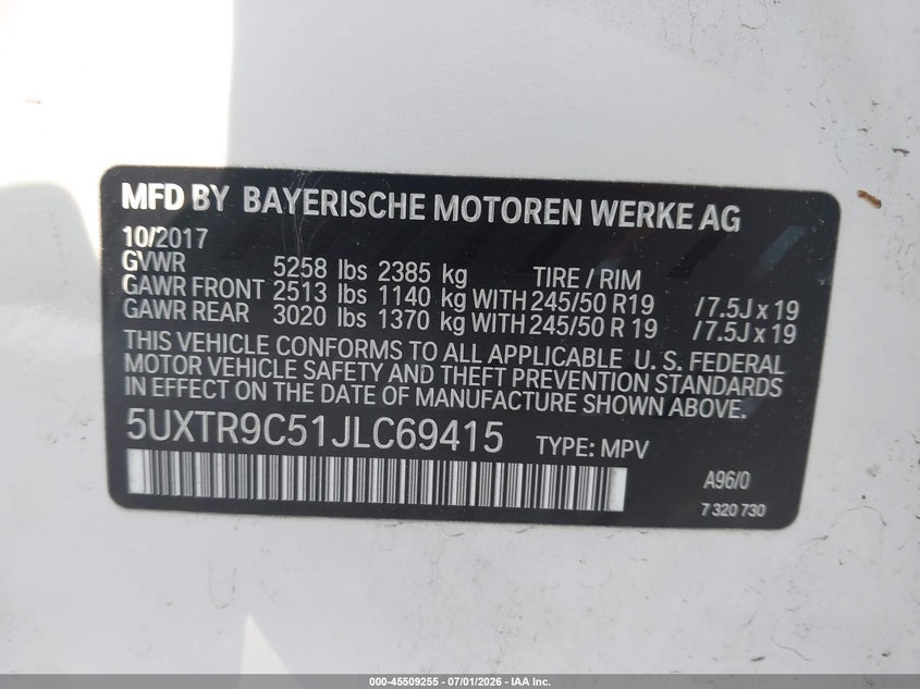 2018 BMW X3 VIN 5UXTR9C51JLC69415 IAAI salvage auction — FRONT END, Salvage (New Jersey), sold $6,200 on 2026-07-29 (photo 9)