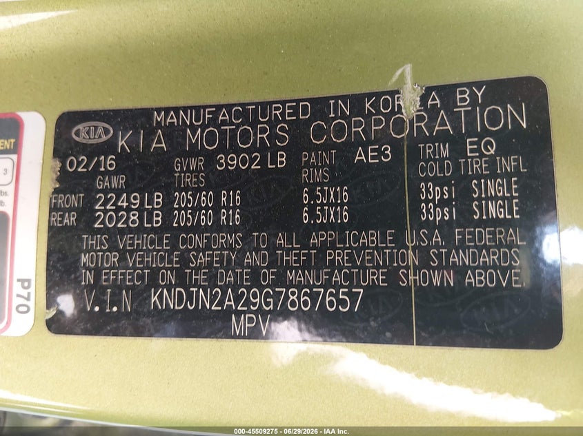 2016 Kia Soul VIN KNDJN2A29G7867657 IAAI salvage auction — NORMAL WEAR, Clear (Florida), sold $625 on 2026-07-14 (photo 9)