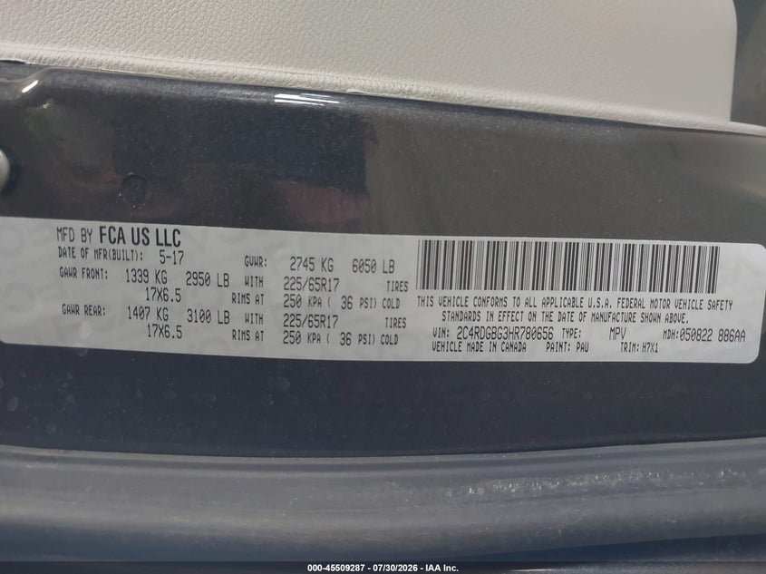 2017 Dodge Grand caravan VIN 2C4RDGBG3HR780656 IAAI salvage auction — NORMAL WEAR, Sf97 (Colorado), sold $14,175 on 2026-09-02 (photo 9)