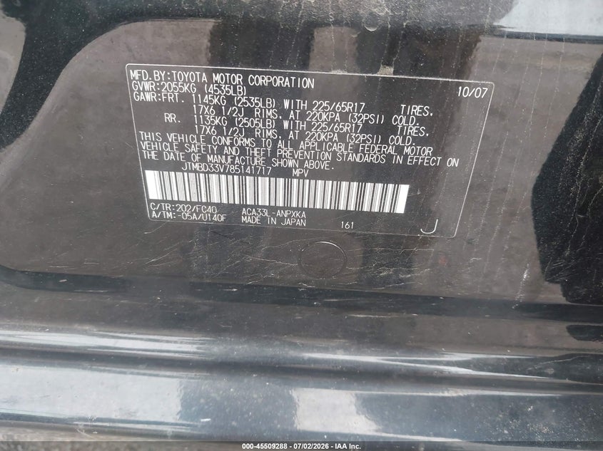 2008 Toyota Rav4 VIN JTMBD33V785141717 IAAI salvage auction — NORMAL WEAR, Salvage (Nebraska), sold $50 on 2026-07-30 (photo 9)