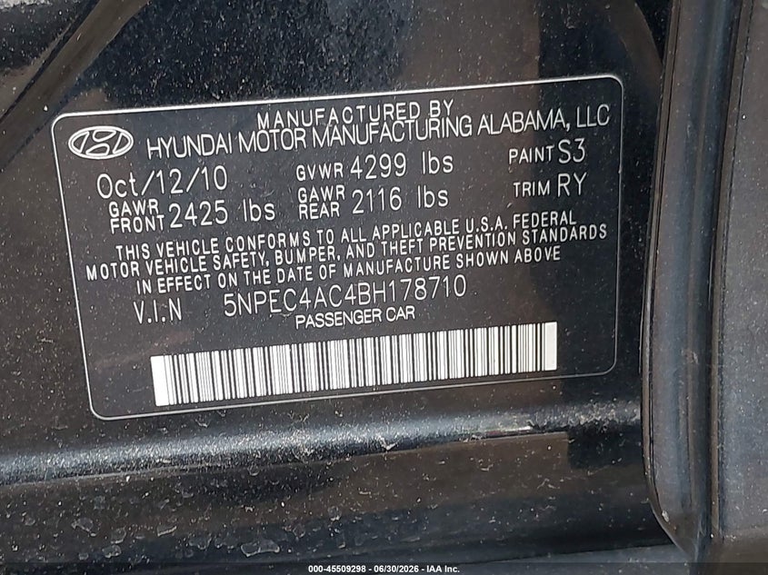 2011 Hyundai Sonata VIN 5NPEC4AC4BH178710 IAAI salvage auction — NORMAL WEAR, Clear (New Jersey), sold $825 on 2026-07-13 (photo 9)