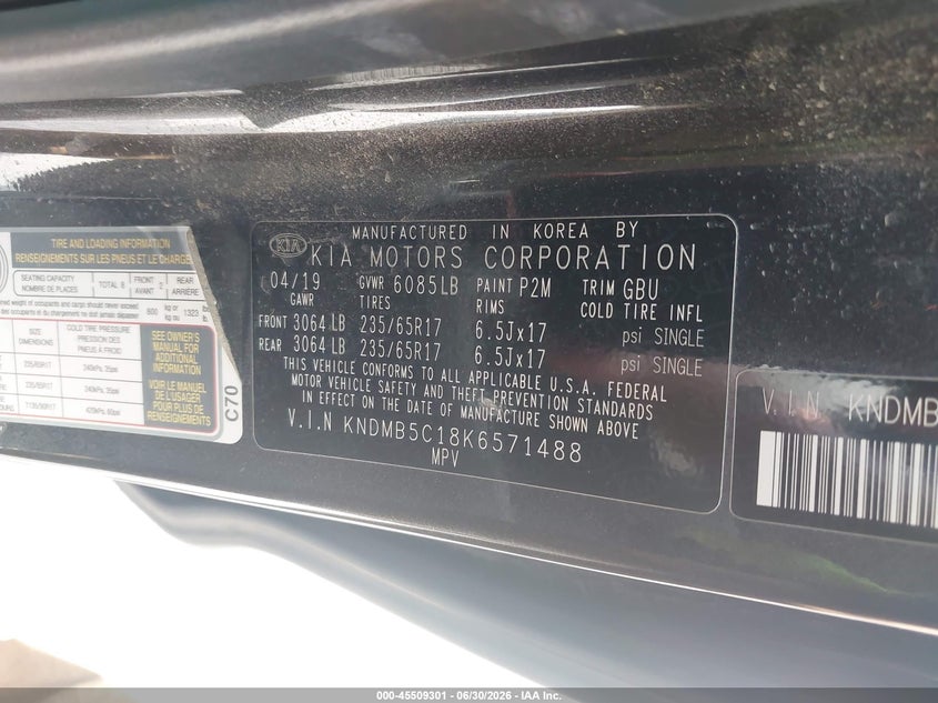2019 Kia SEDONA VIN KNDMB5C18K6571488 IAAI salvage auction — NORMAL WEAR, Certificate Of Title (Nebraska), sold $525 on 2026-07-30 (photo 9)