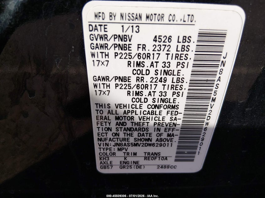 2013 Nissan Rogue VIN JN8AS5MV2DW629011 IAAI salvage auction — NORMAL WEAR, Clear (New Jersey), sold $425 on 2026-07-27 (photo 9)
