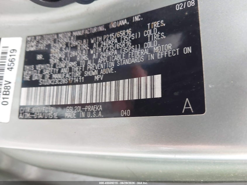 2008 Toyota Sienna VIN 5TDZK23C28S171411 IAAI salvage auction — NORMAL WEAR, Clear (Virginia), sold $25 on 2026-07-24 (photo 9)