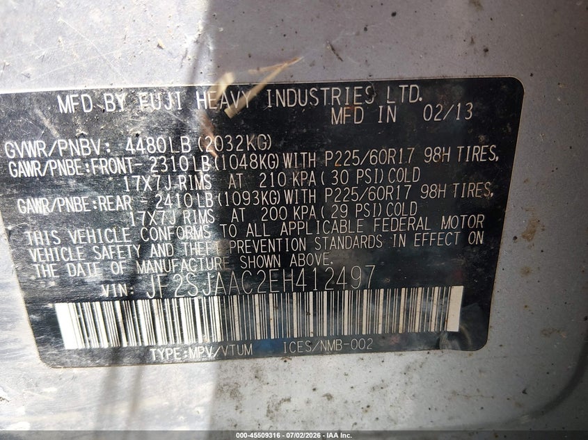 2014 Subaru Forester VIN JF2SJAAC2EH412497 IAAI salvage auction — NORMAL WEAR, Original (West Virginia), sold $1,025 on 2026-07-29 (photo 9)