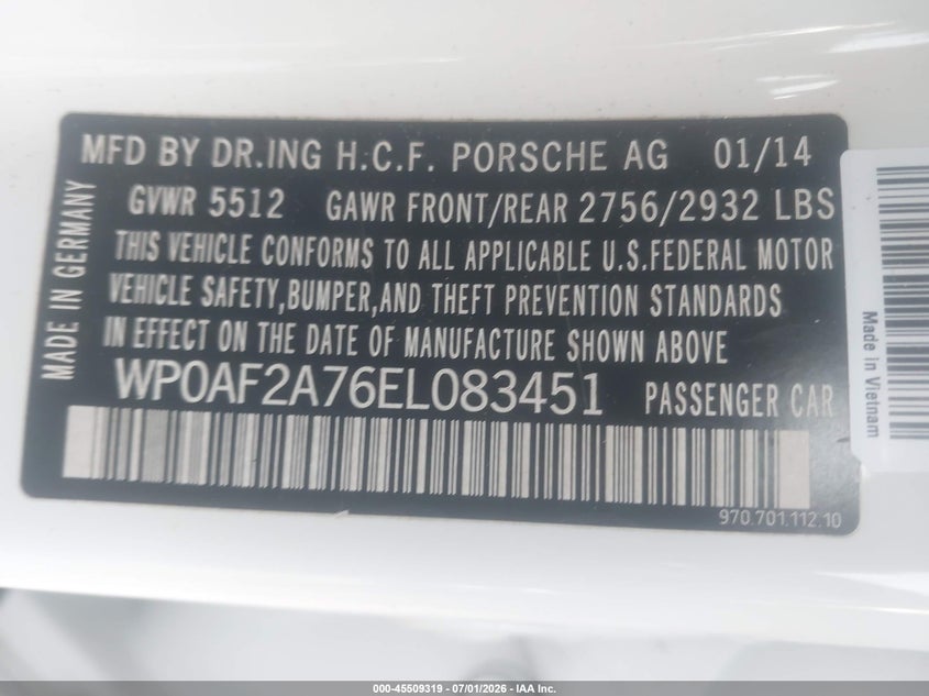2014 Porsche Panamera VIN WP0AF2A76EL083451 IAAI salvage auction — ENGINE DAMAGE, Salvage Title, sold $7,175 on 2026-08-21 (photo 9)