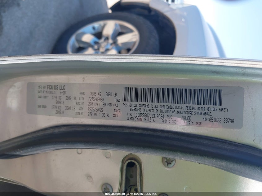 2018 Ram 1500 VIN 1C6RR7GG7JS310524 IAAI salvage auction — FRONT END, Salvage (Illinois), sold $2,700 on 2026-08-24 (photo 9)