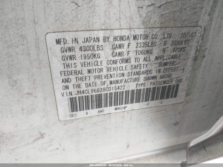 2008 Acura Tsx VIN JH4CL96828C015422 IAAI salvage auction — NORMAL WEAR, Clear (Massachusetts), sold $425 on 2026-07-31 (photo 9)