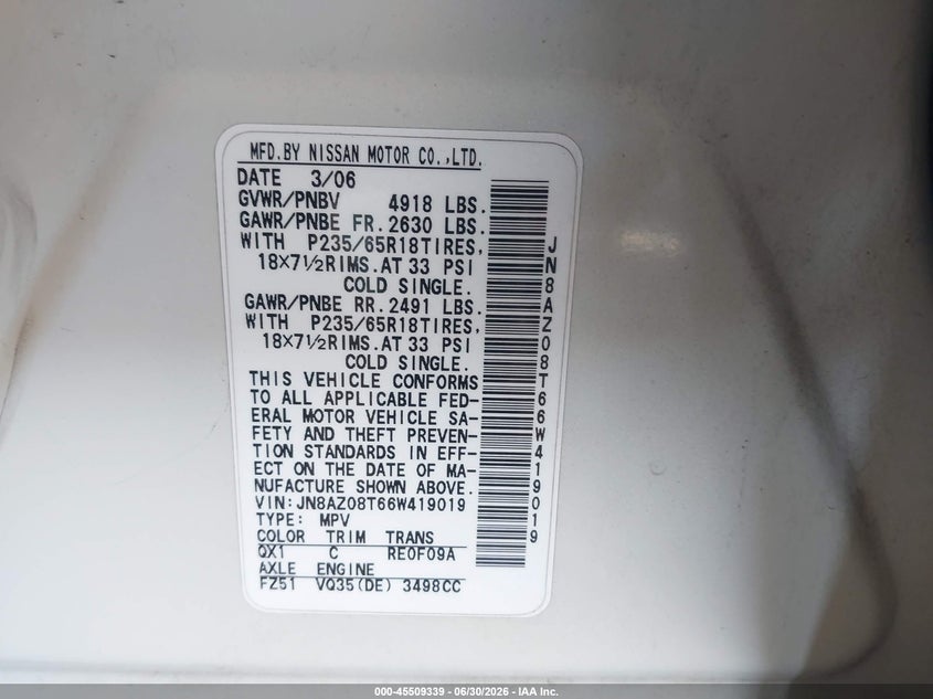 2006 Nissan Murano VIN JN8AZ08T66W419019 IAAI salvage auction — NORMAL WEAR, Clear (Arizona), sold $25 on 2026-07-28 (photo 9)