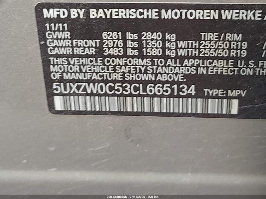 2012 BMW X5 VIN 5UXZW0C53CL665134 IAAI salvage auction — NORMAL WEAR, Original (Texas), sold $475 on 2026-07-27 (photo 9)