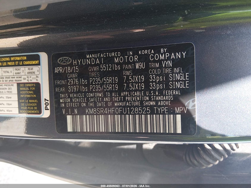 2015 Hyundai Santa fe VIN KM8SR4HF0FU128525 IAAI salvage auction — NORMAL WEAR, Clear (Georgia), sold $475 on 2026-07-21 (photo 9)