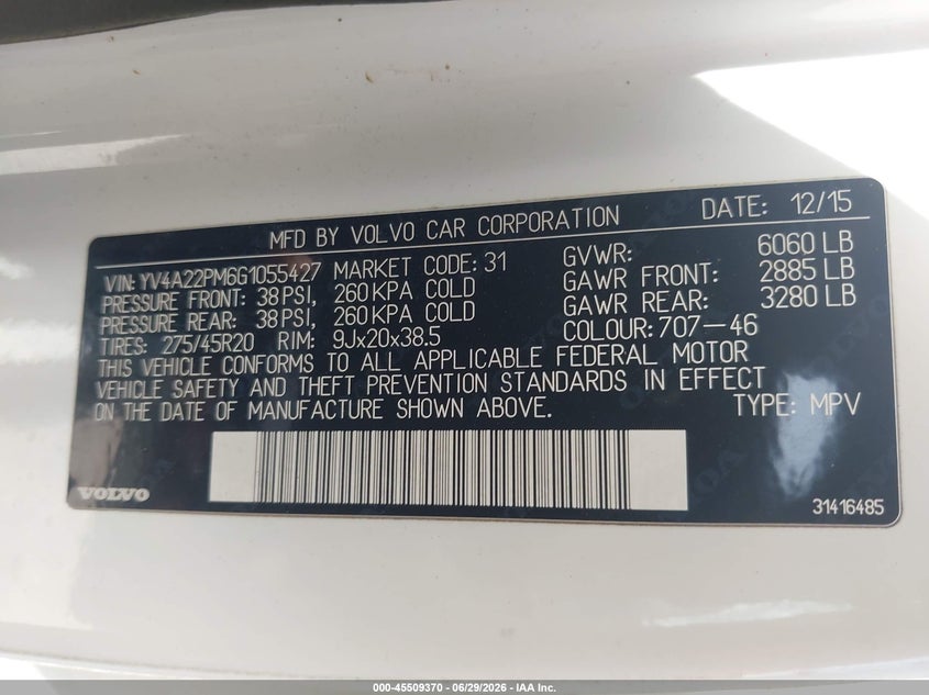 2016 Volvo Xc90 VIN YV4A22PM6G1055427 IAAI salvage auction — NORMAL WEAR, Original (Texas), sold $4,550 on 2026-07-29 (photo 9)
