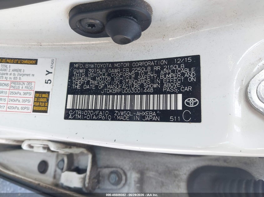 2016 Toyota Prius VIN JTDKBRFU0G3001448 IAAI salvage auction — NORMAL WEAR, Clear (Georgia), sold $3,850 on 2026-07-08 (photo 9)