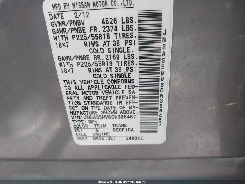 2012 Nissan Rogue VIN JN8AS5MV6CW396457 IAAI salvage auction — NORMAL WEAR, Regular Certificate (Iowa), sold $350 on 2026-07-09 (photo 9)