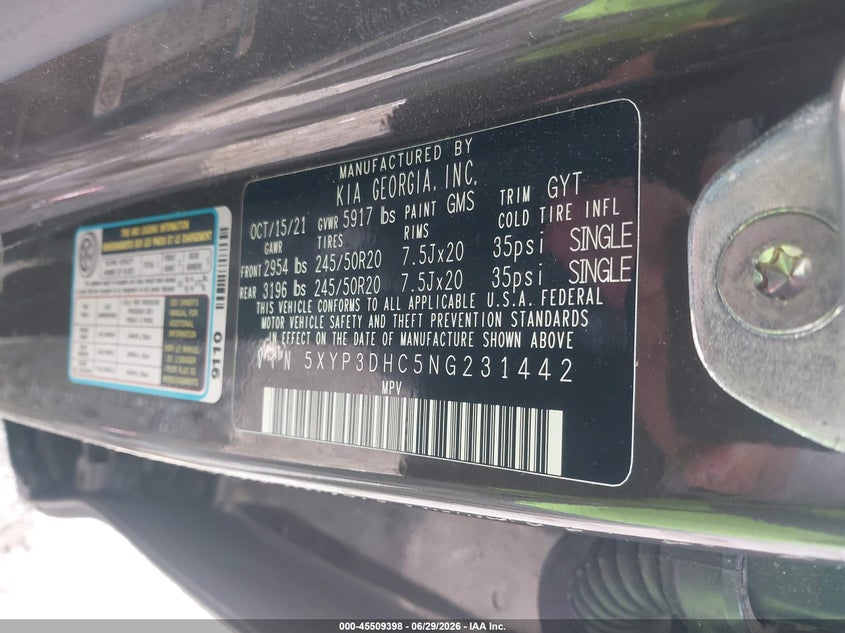 2022 Kia Telluride VIN 5XYP3DHC5NG231442 IAAI salvage auction — FRONT & REAR, Salvage (Virginia), sold $6,500 on 2026-07-31 (photo 9)