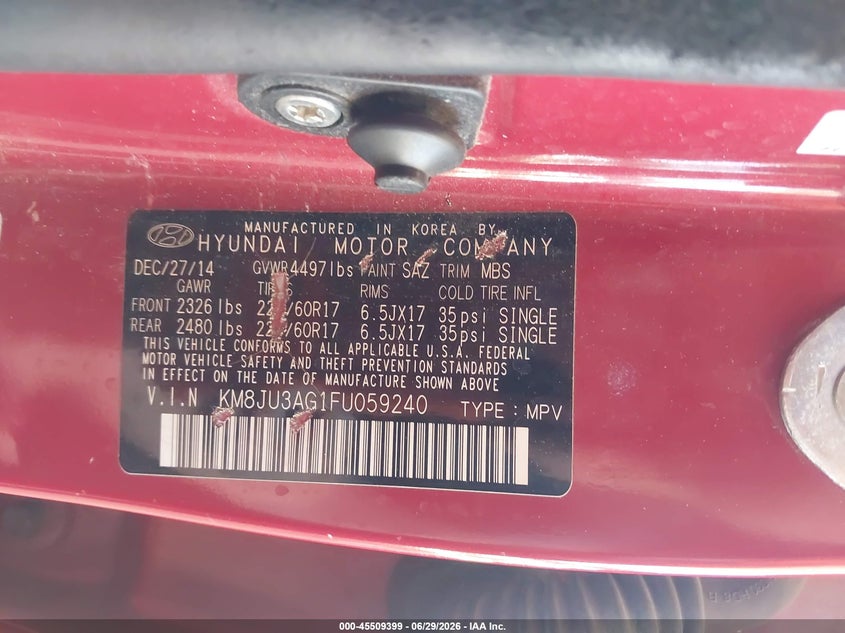 2015 Hyundai Tucson VIN KM8JU3AG1FU059240 IAAI salvage auction — NORMAL WEAR, Clear (Arizona), sold $950 on 2026-07-21 (photo 9)