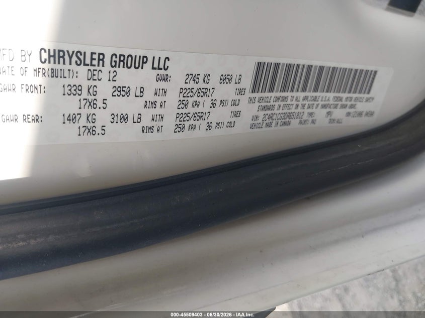 2013 Chrysler Town & country VIN 2C4RC1CG3DR651812 IAAI salvage auction — NORMAL WEAR, Clear (Indiana), sold $500 on 2026-07-12 (photo 9)