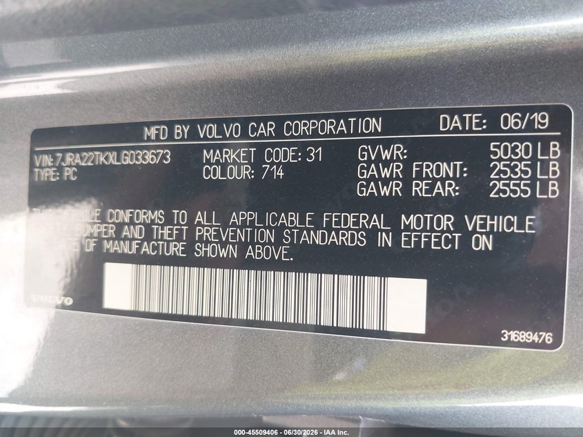 2020 Volvo S60 VIN 7JRA22TKXLG033673 IAAI salvage auction — RIGHT SIDE, Salvage (Indiana), sold $4,950 on 2026-07-29 (photo 9)