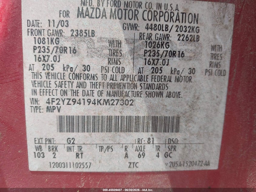 2004 Mazda Tribute VIN 4F2YZ94194KM27302 IAAI salvage auction — NORMAL WEAR, Clear (Pennsylvania), sold $250 on 2026-07-08 (photo 9)