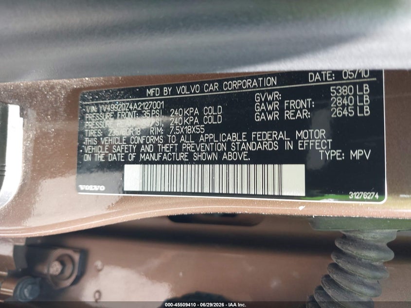 2010 Volvo Xc60 VIN YV4992DZ4A2127001 IAAI salvage auction — NORMAL WEAR, Clear (Tennessee), sold $325 on 2026-07-28 (photo 9)