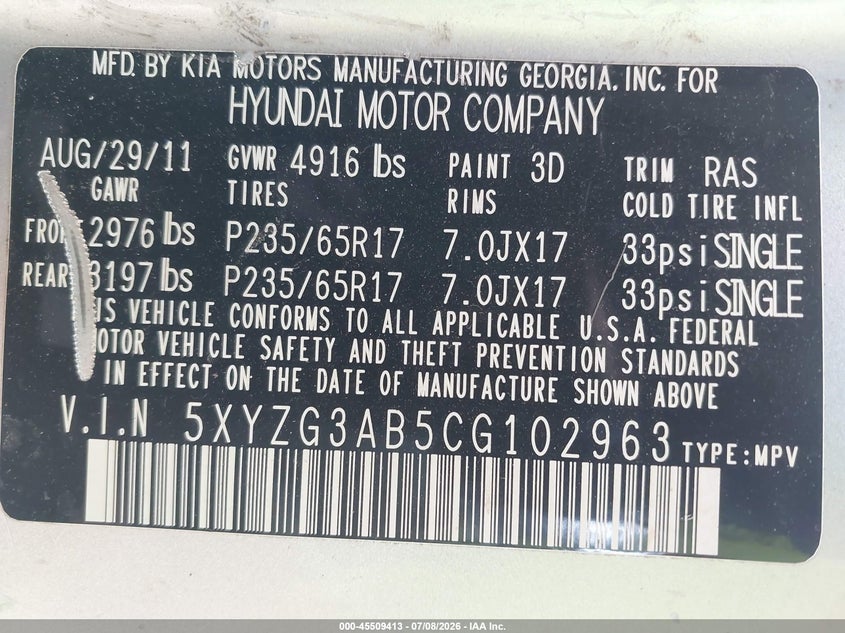 2012 Hyundai Santa fe VIN 5XYZG3AB5CG102963 IAAI salvage auction — NORMAL WEAR, Salvage Title, sold $1,700 on 2026-07-16 (photo 9)