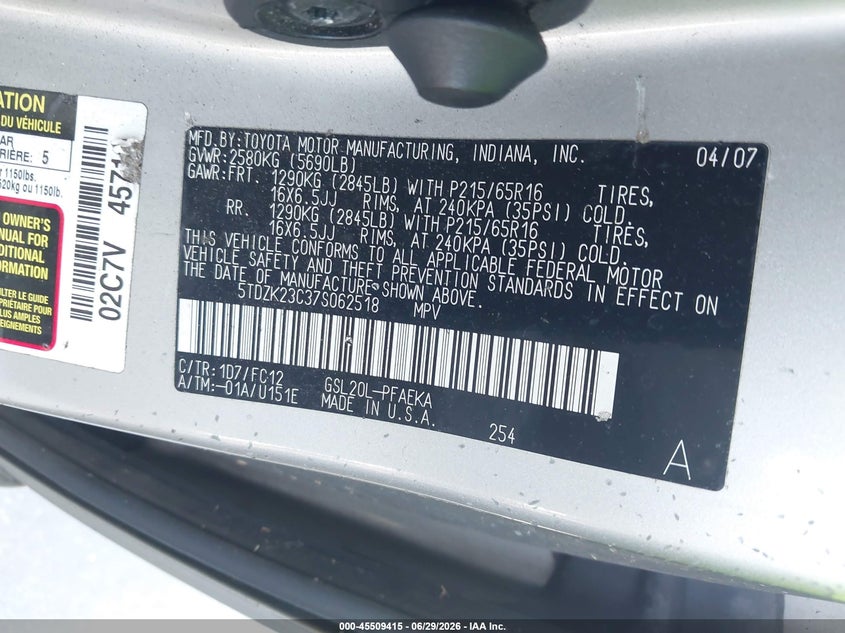 2007 Toyota Sienna VIN 5TDZK23C37S062518 IAAI salvage auction — NORMAL WEAR, Clear (Florida), sold $25 on 2026-07-06 (photo 9)