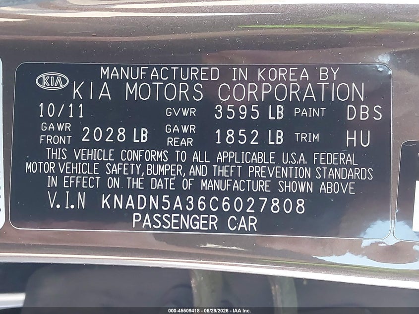 2012 Kia Rio VIN KNADN5A36C6027808 IAAI salvage auction — NORMAL WEAR, Clear (Florida), sold $525 on 2026-07-29 (photo 9)