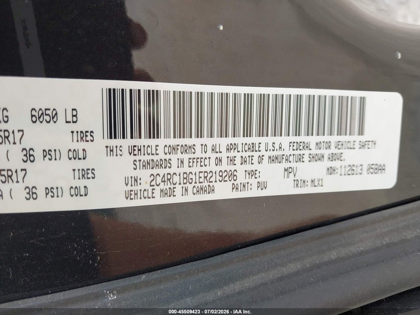 2014 Chrysler Town & country VIN 2C4RC1BG1ER219206 IAAI salvage auction — NORMAL WEAR, Clear (Kansas), sold $575 on 2026-07-31 (photo 9)