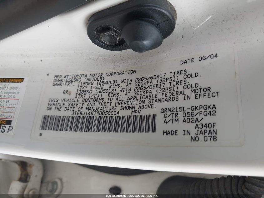 2004 Toyota 4runner VIN JTEBU14R740050004 IAAI salvage auction — NORMAL WEAR, Clear-Endorsement (Wisconsin), sold $1,250 on 2026-07-21 (photo 9)