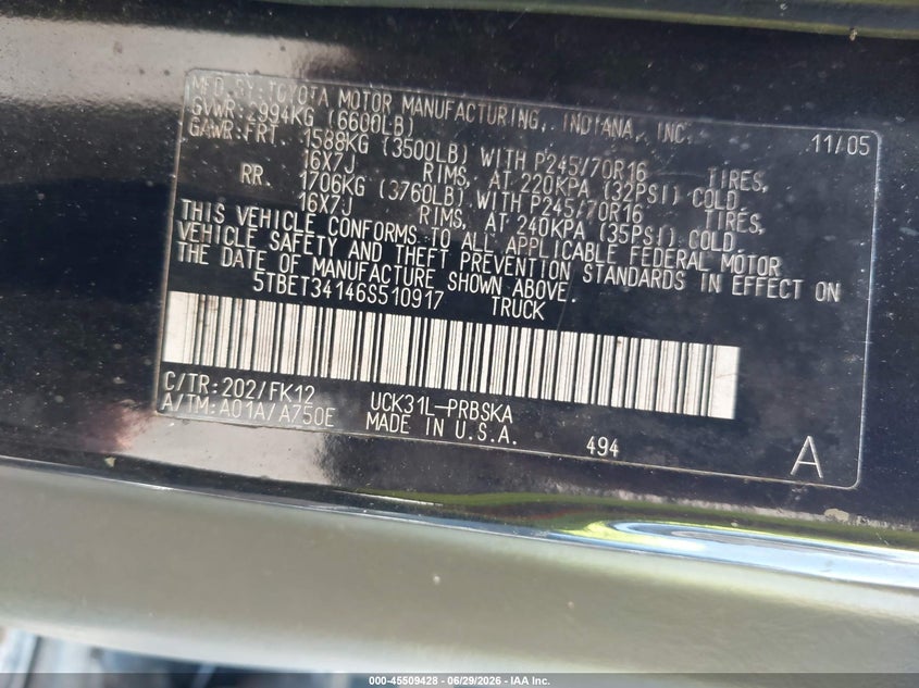 2006 Toyota Tundra VIN 5TBET34146S510917 IAAI salvage auction — NORMAL WEAR, Clear (Florida), sold $650 on 2026-07-29 (photo 9)