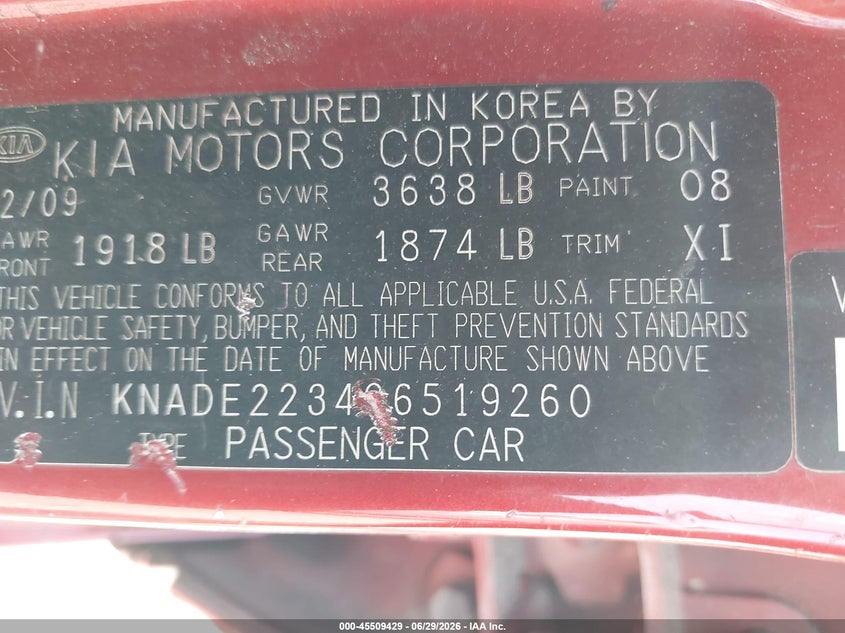 2009 Kia Rio VIN KNADE223496519260 IAAI salvage auction — NORMAL WEAR, Clear (Florida), sold $250 on 2026-07-28 (photo 9)