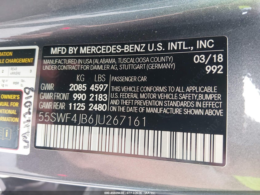 2018 Mercedes-benz C-klasse VIN 55SWF4JB6JU267161 IAAI salvage auction — REAR END, Salvage (North Carolina), sold $5,600 on 2026-07-31 (photo 9)